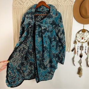 Wool Cardigan Made in Italy Teal Black Grey Wrap Button Sweater Coat Medium